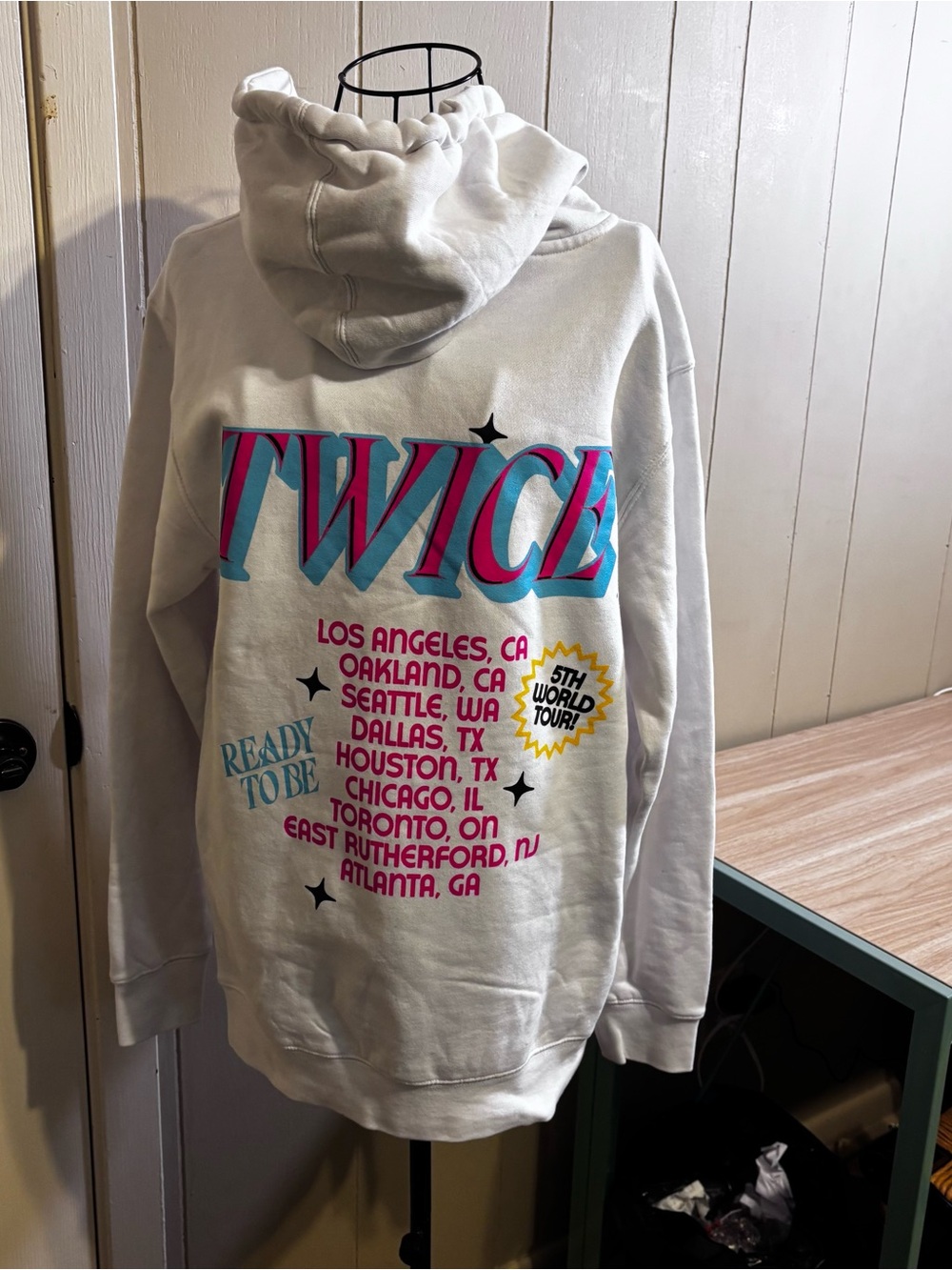 Ice White Hoodie with Red & Teal TWICE Tour Graphic K-Pop